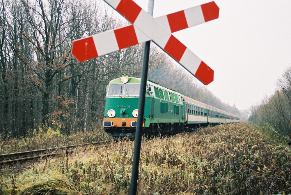 Pociąg dalekobieżny w rejonie dawnej stacji Leśniczówka, 2004 r.