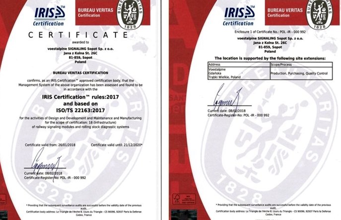 voestalpine SIGNALING Sopot Sp. z o.o. ze standardem IRIS (ISO/TS 22163:2017)