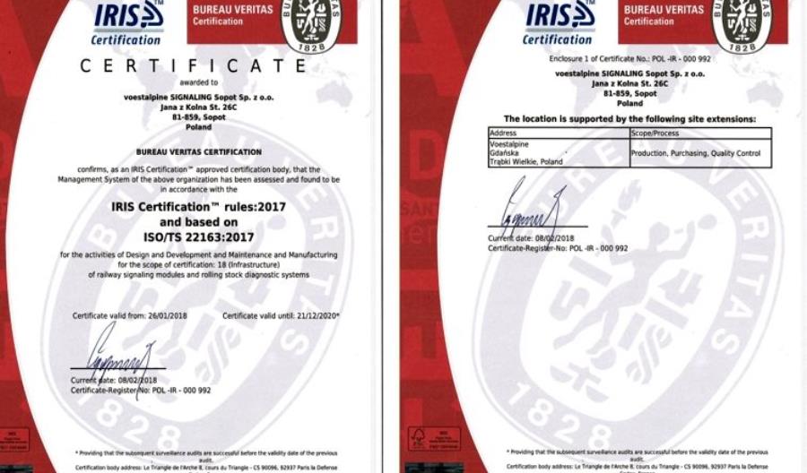 voestalpine SIGNALING Sopot Sp. z o.o. ze standardem IRIS (ISO/TS 22163:2017) voestalpine SIGNALING Sopot Sp. z o.o. ze standardem IRIS (ISO/TS 22163:2017)