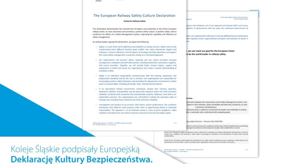 Koleje Śląskie podpisały Deklarację Kultury Bezpieczeństwa Koleje Śląskie podpisały Deklarację Kultury Bezpieczeństwa