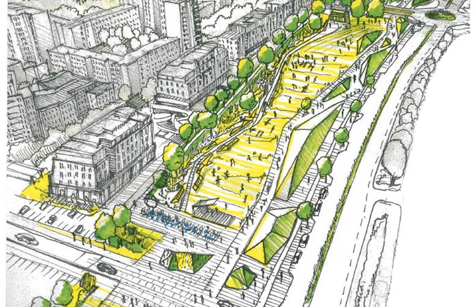 Park i fontanny nad Południową Obwodnicą Warszawy