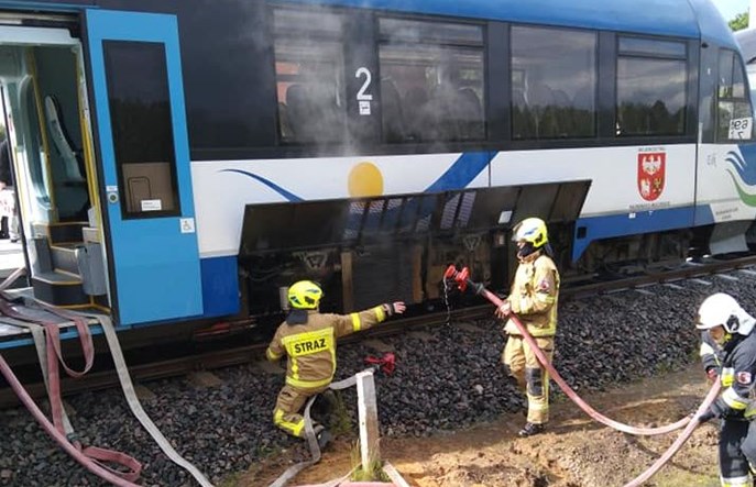 Pożar szynobusu na Mazurach