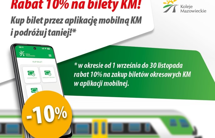 Koleje Mazowieckie: 10% rabatu na bilety okresowe w aplikacji
