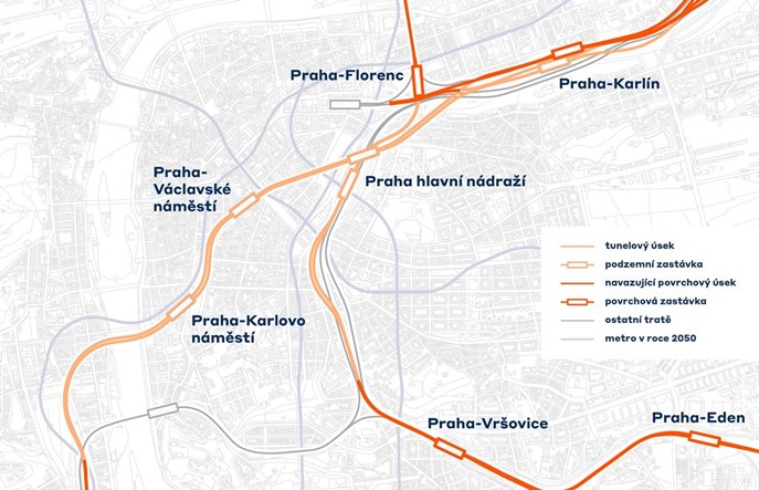 Praga z planem na podziemne linie kolejowe krzyżujące się pod dworcem