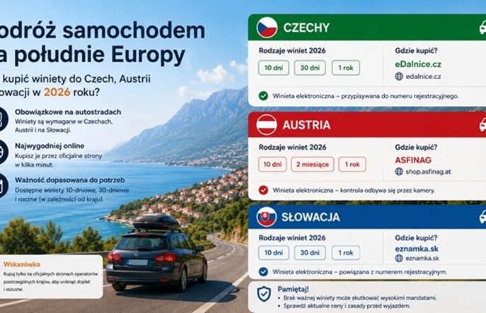Podróż samochodem na południe Europy. Jak kupić winiety do Czech, Austrii i Słowacji w 2026 roku?