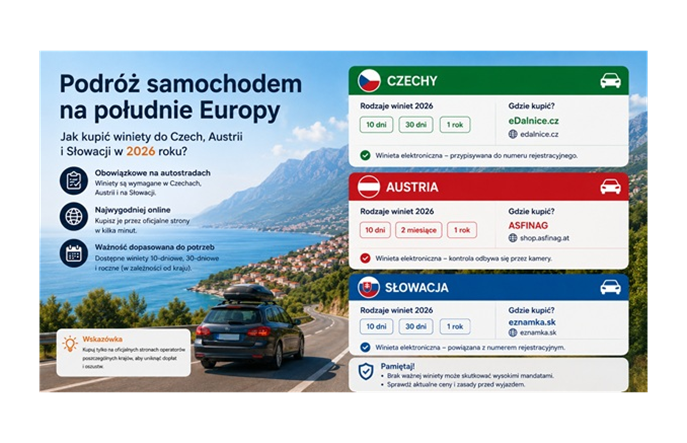Podróż samochodem na południe Europy. Jak kupić winiety do Czech, Austrii i Słowacji w 2026 roku?