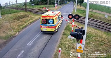 Wróblew. Ambulans za rogatkami, o włos od tragedii na przejeździe (wideo)