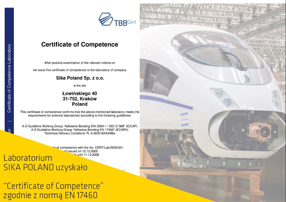 Laboratorium Sika Poland z Certyfikatem EN 17460. Wsparcie dla producentów pojazdów szynowych