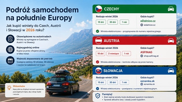 Podróż samochodem na południe Europy. Jak kupić winiety do Czech, Austrii i Słowacji w 2026 roku?